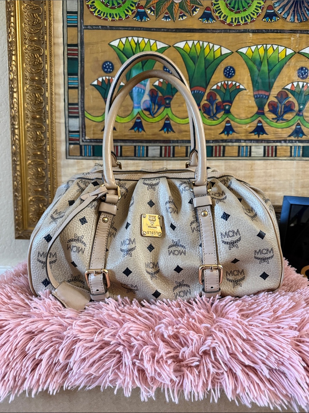MCM Beige/Tan Visetos monogram Boston bag